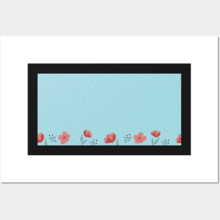 Poppy flowers on blue spotted background Posters and Art